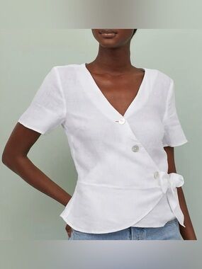 H&M 100% Linen Peplum Wrap Blouse Women’s SZ 10 White Tie Pearl Buttons EUC